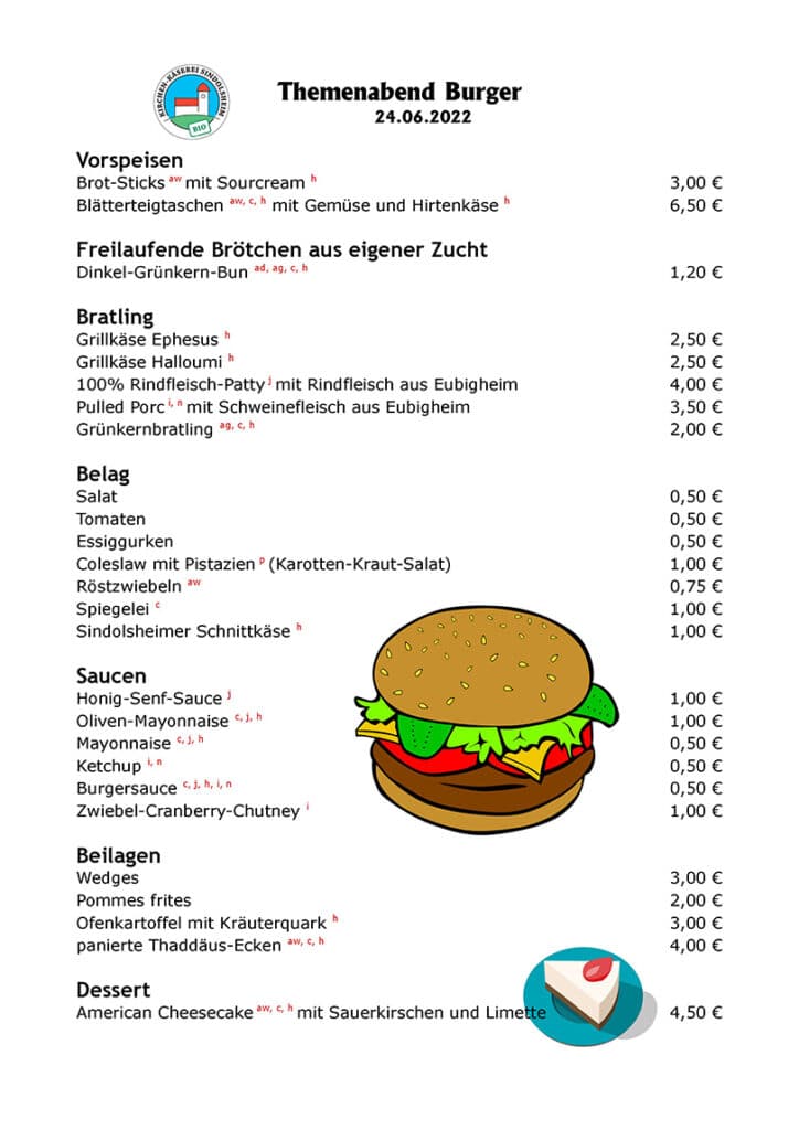Speisekarte zum Themenabend "Burger" der Kirchen-Käserei in Sindolsheim