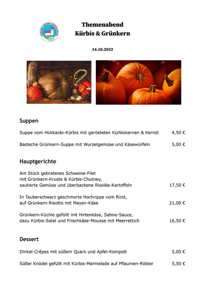 Speisekarte für den Themenabend Kürbis & Grünkern der Kirchen-Käserei in Sindolsheim