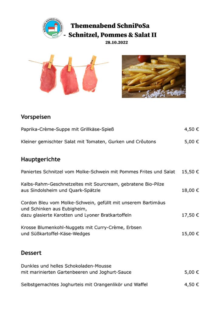 Speisekarte Themenabend Schnitzel, Pommes & Salat bei der Kirchen-Käserei in Sindolsheim