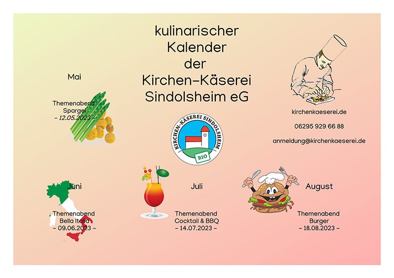 Plakat - kulinarischer Kalender der Kirchen-Käserei Sindolsheim eG