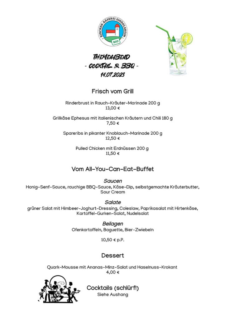 Speisekarte Themenabend Cocktails & BBQ der Kirchenkäserei Sindolsheim